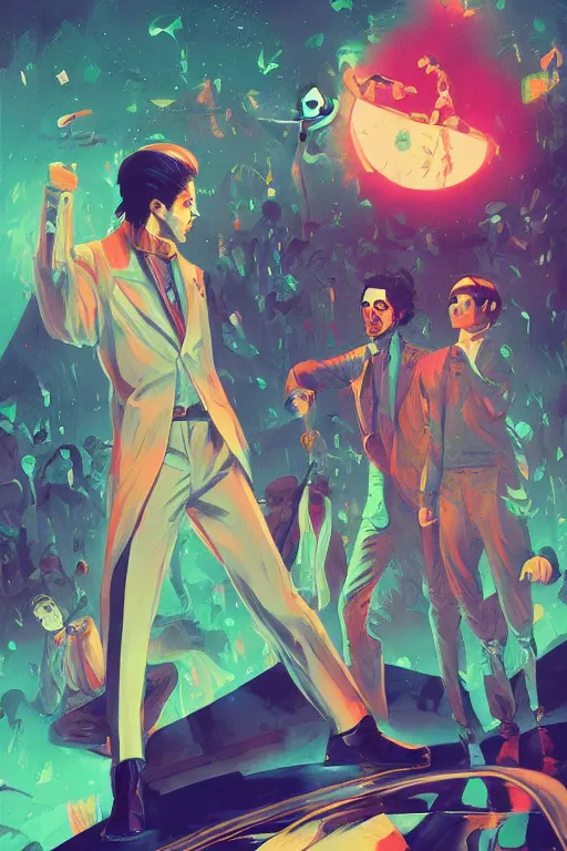 Prompt: A fever of the night, a grime tale of the night fever by the brothers guild, digital painting, artstation, ristan Eaton, victo ngai, artgerm, RHADS, ross draws, anime styled