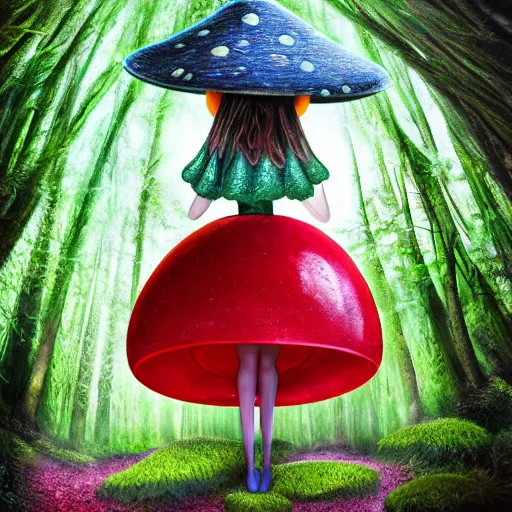 Image similar to Portrait of a thin girl in full height, elegant pose, a huge toadstool hat on her head, large eyes without a pupil ,he girl is standing on the edge of the forest, surrounded by colorful sparkling moss