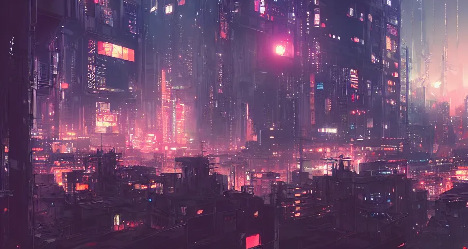 Image similar to panoramic view of a cyberpunk city at night, bokeh lights, anime, ilya kuvshinov, guweiz, greg rutkowski, concept art, digital painting, cinematic, extreme detail, expansive