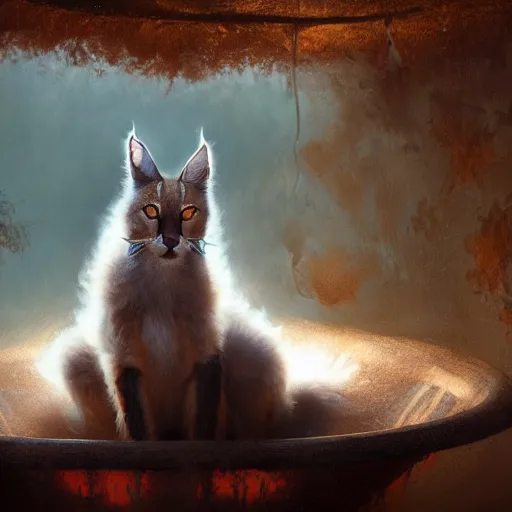 Image similar to fluffy cute caracal in a bathtub, fullbody, ultra high detailed, glowing lights, oil painting, Greg Rutkowski, Charlie Bowater, Beeple, unreal 5, DAZ, hyperrealistic, octane render, RPG portrait, dynamic lighting, fantasy art, beautiful face