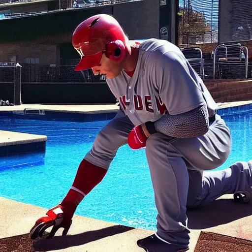 Image similar to “a realistic detailed photo of a guy who is named Mike Trout a baseball player, frozen like a statue, with shiny skin, by a pool, on display”