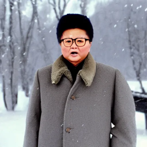 Image similar to filmstill of Kim Jong-il wearing a furry chapka and playing the role of Omar Sharif in Doctor Zhivago by David Lean, man in grey winter coat, cold Russian winter, snow and trees, Prussian architecture, old Russian interior, Doctor Zhivago movie shot, minimal composition, 1965, cinemascope, Eastman Color Negative 50T 5251 Neg. Film, epic romance