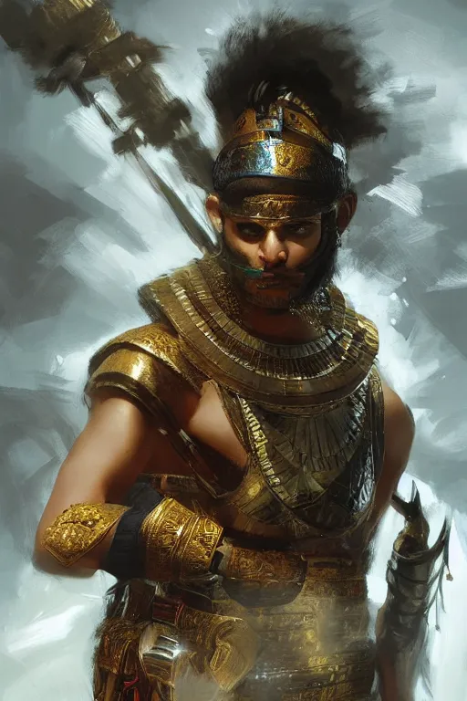 Prompt: egyptian warrior, portrait, fierce, intricate, elegant, volumetric lighting, digital painting, highly detailed, artstation, sharp focus, illustration, ruan jia, steve mccurry