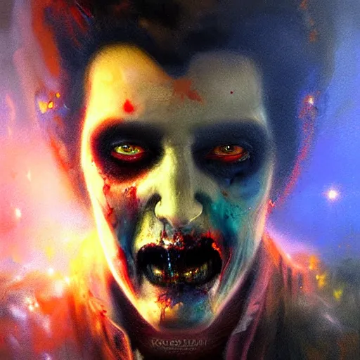 Prompt: UHD photorealistic Cosmic Zombie Elvis in the style of tonalism by Greg Rutkowski