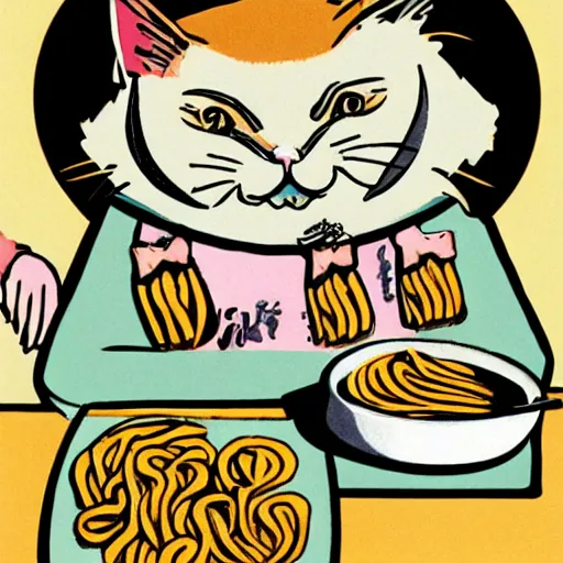 Image similar to fat cat eating noodles on toast, roaring 2 0 s art style