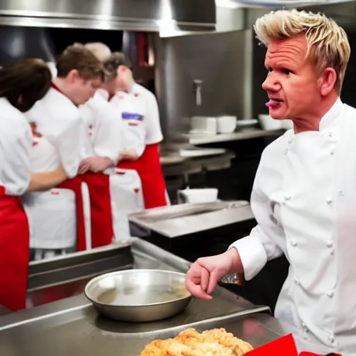 Image similar to gordon ramsay yelling at kfc employees in the kfc kitchen on kitchen nightmares. the employees are lined up and in their kfc uniforms. 4 k broadcast