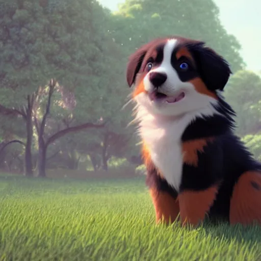 Prompt: a wholesome animation key shot of an australian shepherd puppy, studio ghibli, pixar and disney animation, sharp, rendered in unreal engine 5, anime key art by greg rutkowski, bloom, dramatic lighting