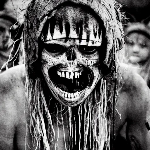 Prompt: a photo of tribal shaman horror faces of sacrament of the death