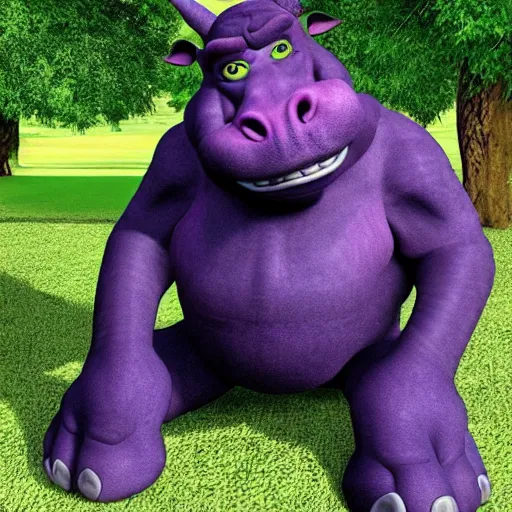 Image similar to big sir is a monster hybrid of a donkey, hippo, elephant, and a little bit shrek, dark purple colored skin