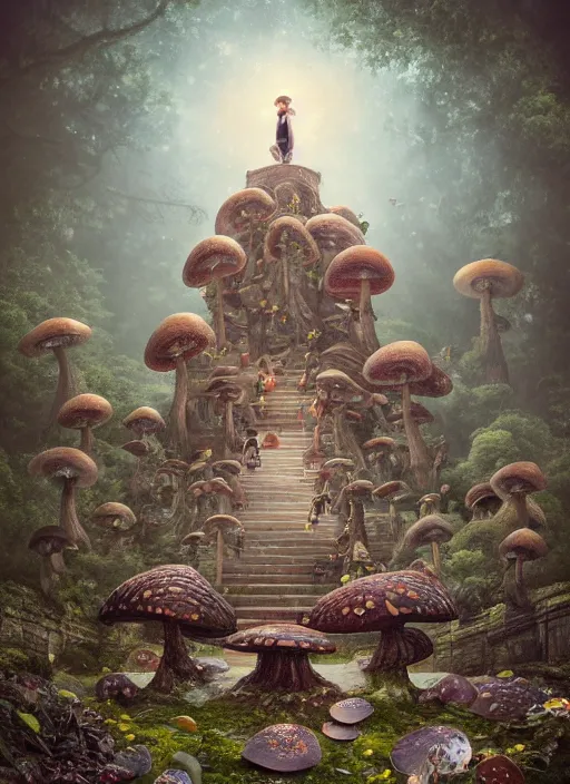 Image similar to wide - angle shot of mushroom temple, depth of field, zeiss lens, detailed, symmetrical, centered, fashion photoshoot, by nicoletta ceccoli, mark ryden, lostfish, earl nore, hyung tae, frank frazetta, breathtaking, 8 k resolution, extremely detailed, beautiful, establishing shot, artistic, hyperrealistic, octane render