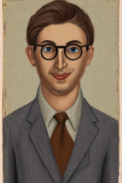 Prompt: A portrait en buste of a man in his twenties, soft round features, oval face, warm skin tone, blue grey eyes, short length wavy dark blond hair, kind smile, bags under eyes, wearing small round glasses, slight stubble, thin lips, wearing a textured ochre cotton dress shirt rolled at the elbows, fauvisme, art du XIXe siècle, figurative oil on canvas by André Derain, Albert Marquet, Auguste Herbin, Louis Valtat, Musée d'Orsay catalogue