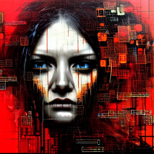 Prompt: hyperrealistic portrait of a determined woman with long hair, gritty, cybernetics, digital ui, abstract blocks, by Guy Denning, Russ Mills, glitch art, hacking effects, glitch effects, digital tech effects, chromatic, color blocking!, octane, object centered, oil on canvas, cyberpunk, symmetrical, Red, concept art, abstract, trending on artstation