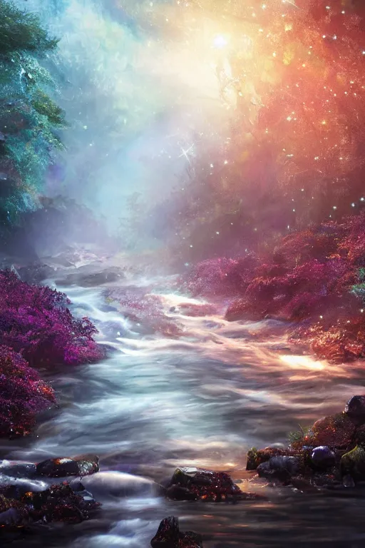 Image similar to The sparkling creek is full of jewels and glitters in the moonlight, ruby, sapphire, celestine, moonstone, amethyst, garnet, emerald, pearl, concept art, fantasy, gothic cathedral, light through the mist, dramatic lighting, photorealistic, cinematic lighting, high detail, cinematic feel, high octane, 4K, Unreal Engine, digital render, intricate, ultra realistic, crepuscular ray, low angle, superwide shot, lunapunk