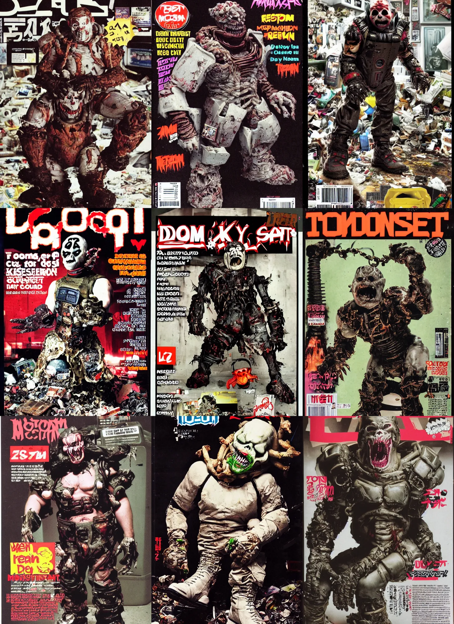 Prompt: photo of Doom guy from computer game wearing ripped up dirty Swear kiss monster teeth yeti platform boots in the style of Ryan Trecartin in the style of 1990's FRUiTS magazine 20471120 in japan in a dirty dark dark dark poorly lit bedroom full of trash and garbage server racks and cables everywhere in the style of Juergen Teller in the style of Shoichi Aoki, japanese street fashion, KEROUAC magazine, Walter Van Beirendonck W&LT 1990's, Vivienne Westwood, y2K aesthetic