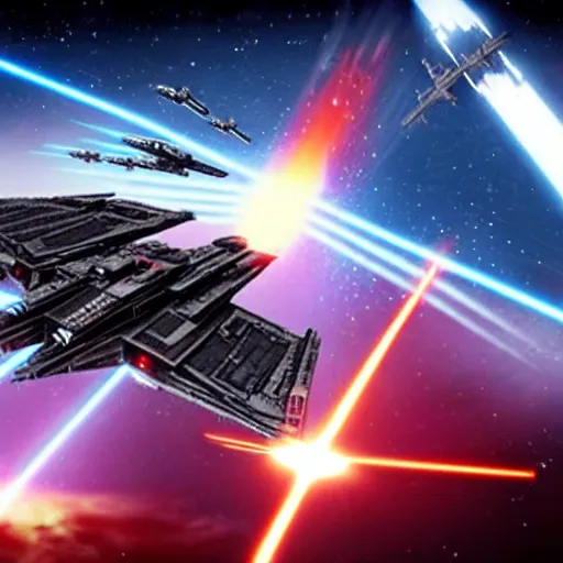 Image similar to Battle between an Imperial Star Destroyer and X-Wing fighters shooting lasers at eachother, the battle takes place inside the atmosphere of a planet