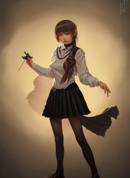 Image similar to portrait of a full body of beautiful young female detective, d & d, sleeveless turtleneck, pleated skirt, fantasy, flat lighting, intricate, highly detailed, digital painting, artstation, concept art, smooth, sharp focus, illustration, misa amane, art by simon bisley and greg rutkowski and alphonse mucha, natural tpose