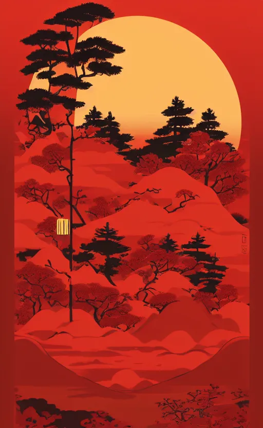 Image similar to hanafuda, a big red charm is floating above a forest of japanese pines, a big red sun in the background, front game card, vector line art, trending on artstation, concept art, stunning, matte