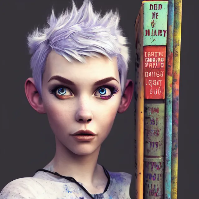 Image similar to full body pose, beautiful adult fairy, pixar, short white hair shaved sides, dirty, grungy, grunge, long sleeve, painted overalls, stacks of giant books, highly detailed, 4 k, hdr, smooth, sharp focus, high resolution, award - winning photo, artgerm, photorealistic