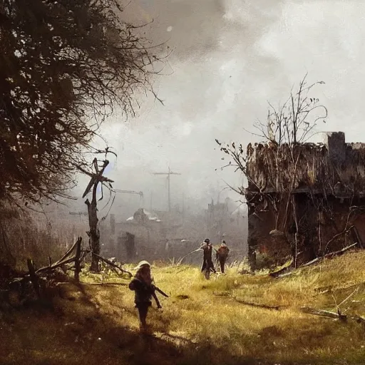 Image similar to painting by jakub rozalski of abandoned village