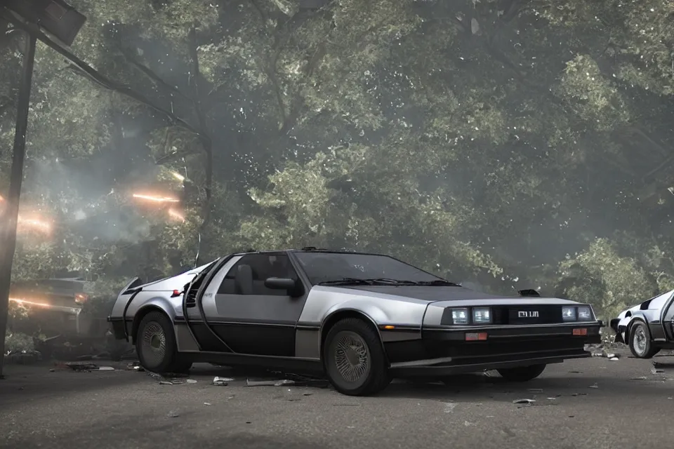 Image similar to ultra realistic delorean dmc 5 and trueno ae 8 6 drift on road wreckage orbiting earth in space, dark cinematic, volumetric, realistic, 3 d render, realistic render, cinematic lighting, volumetric lighting, atmospheric, cinematic, unreal engine 5, unreal engine render, octane render, hd, photorealism, hyper realistic, 8 k