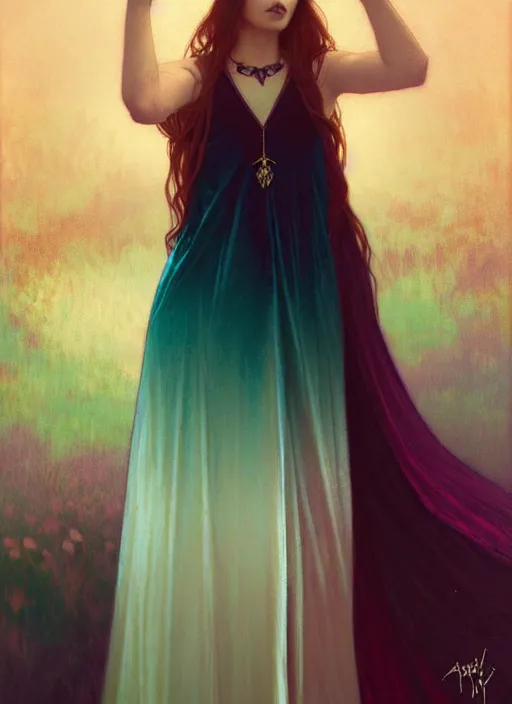 Prompt: ombre velvet gown, lovely queen, portrait, long hair, small crown, large faceted gemstone necklaces, feral languid woman, by greg rutkowski, anato finnstark, alphonse mucha, global illumination, radiant light