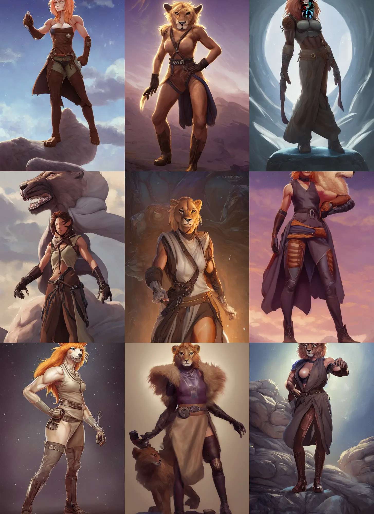 Prompt: beautiful portrait of a muscular female anthropomorphic lioness fursona wearing a sleeveless jedi robe. hand on hip. leather gloves. leather boots. leather belt. character design by charlie bowater, ross tran, artgerm, and makoto shinkai, detailed, soft lighting, rendered in octane