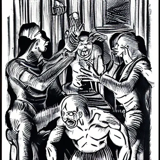 Prompt: a man panics, looking at reflection, mirror, cobra dimension