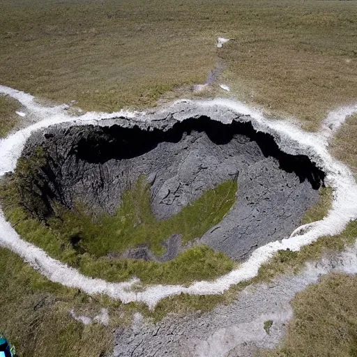 Prompt: aerial shot of permafrost sinkhole forming in siberia