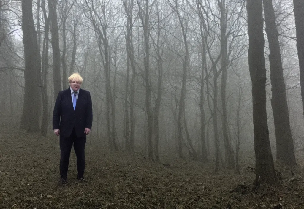 Prompt: low quality iphone photo of boris johnson standing ominously deep in the foggy woods with a demonic smile in his face, low visibility creepy, grainy, trail cam footage