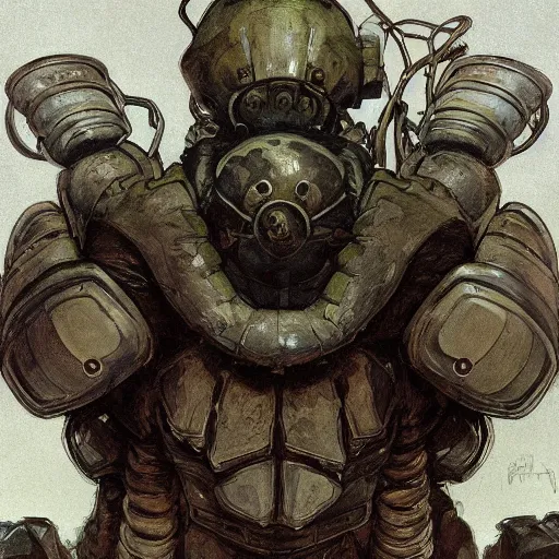 Image similar to portrait of hulking, brutish clone with vacant expression and giant isopod attached to back of neck, wearing brutalist black steel power armor and camoflauge cloak, clearly visible face, science fiction concept art by Anato Finnstark, Alphonse Mucha, and Greg Rutkowski