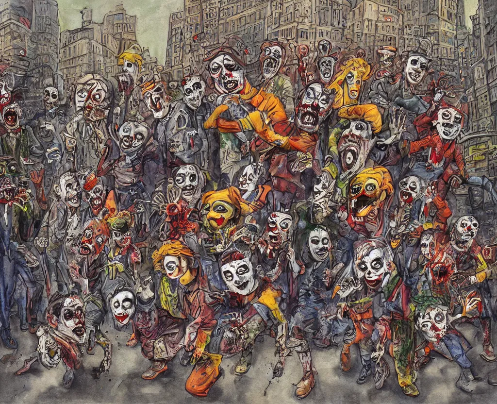 Prompt: a surreal painting of a group of masked clowns chased through a glass and steel metropolis by zombie mimes, saturated color scheme