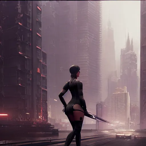 Image similar to new york city portrait of 2B nier automata wearing skin tight clothes muzzle gloomy rainy screenshot from the video game cyberpunk 2077 digital art by Greg Rutkowski, Simon Stalenhag, christopher nolan trending on Artstation, CGSociety