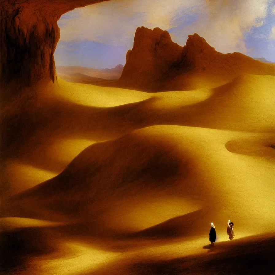 Prompt: artwork about the loneliness of being the last human on earth, walking in the desert dunes, painted by thomas moran and albert bierstadt. monochrome color scheme.