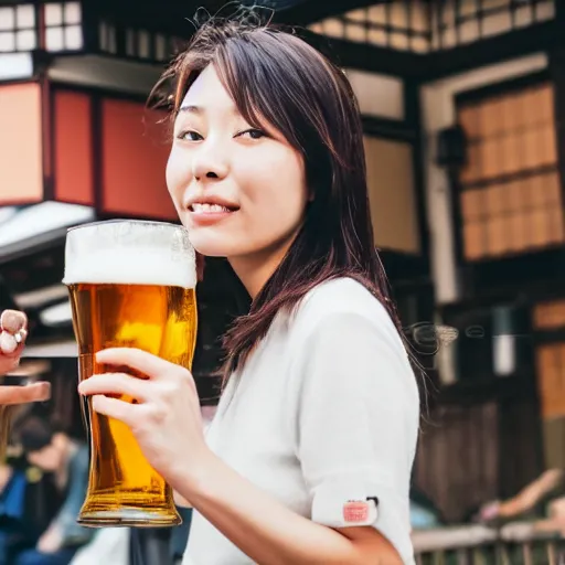 Prompt: japanese girl drinking beer near a pub