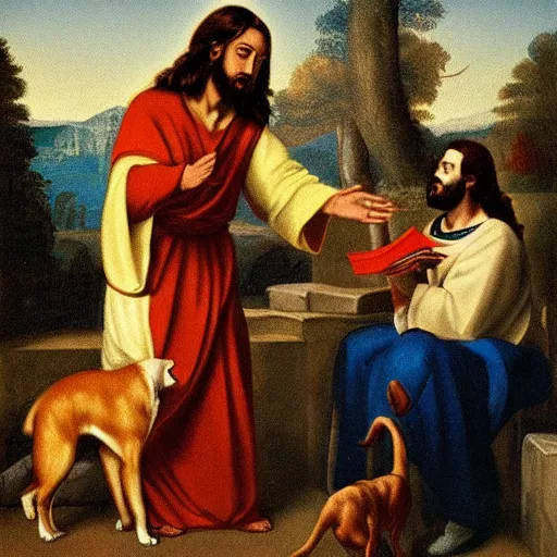 Prompt: painting of Jesus having a debate with a dog