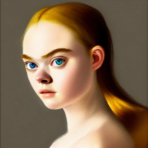 Prompt: portrait of elle fanning and a gold fish in a dark room, detailed realism face in painting, detailed beautiful portrait, oil painting masterpiece, 8 k resolution, smooth, sharp focus, trending on artstation, by rembrandt