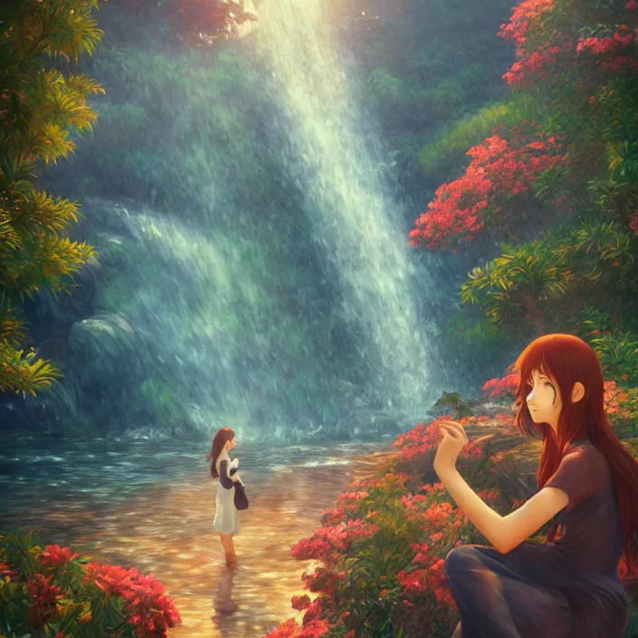 Image similar to an epic makoto shinkai and renoir landscape with a hawaiian waterfall, golden hour, 🌺, a beautiful woman with long brown hair, ultra smooth, octane render, lois van baarle, ilya kuvshinov