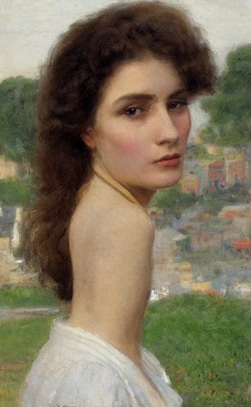 Image similar to portrait by eugen von blaas! woman!! short brown hair!! fuzzy hair! looking away!! train station in the background!!!