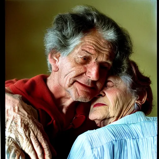 Image similar to a medium shot, colored studio photographic portrait of a old couple, dramatic, from below light, kodachrome camera, kodachrome, with strong reds and greens, 1 9 9 9 photo from life magazine,