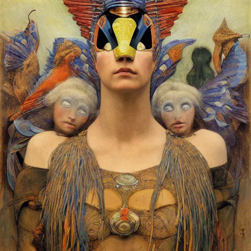 Image similar to the bird queen with her robot mask, by annie swynnerton and diego rivera and elihu vedder and jean delville, symbolist, dramatic lighting, elaborate geometric ornament, head and shoulders view, art brut, soft cool colors, smooth, sharp focus, extremely detailed, adolf wolfli, donato giancola