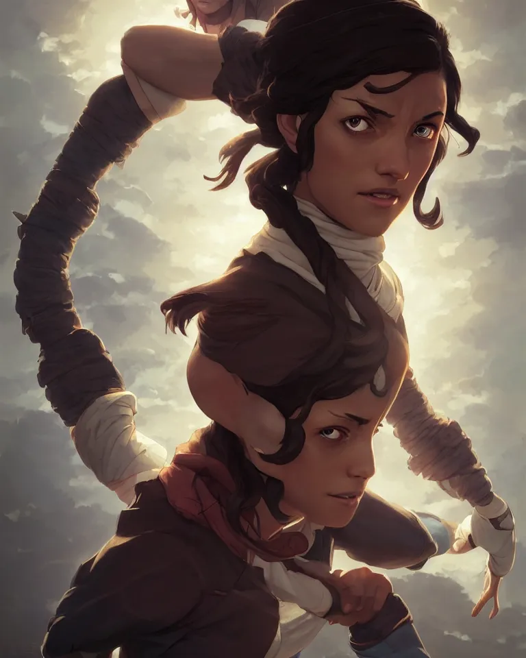 Image similar to Korra glowing eyes,digital art,ultra realistic,ultra detailed,art by greg rutkowski sacha goldberger, hyperdetailed,detailed face,professional lighting,dramatic,3 point lighting centered composition symmetrical features gazing eyes