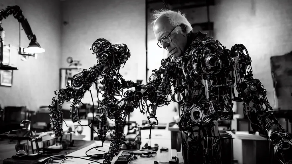 Image similar to bernie sanders putting the finishing touches on an intricate magical clockwork doomsday robot, black and white photo, cinematic moody lighting, sharp focus