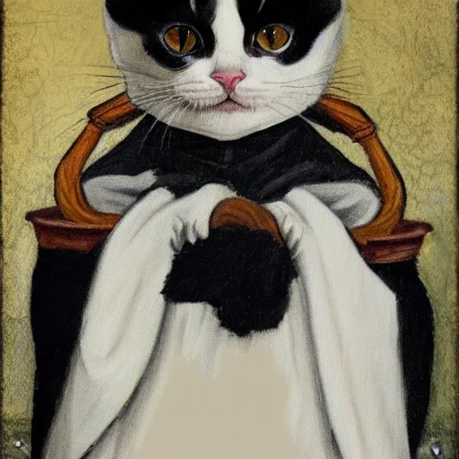 Image similar to portrait painting of an adorable tuxedo kitten in renaissance clothing in the style of Botticelli