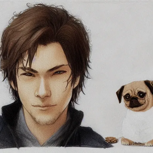 Image similar to self portrait, young handsome man with short light brown hair and light sking holding a pug for a picture, pencil art, added detail, high definiton, colored, backfacing, by yoji shinkawa