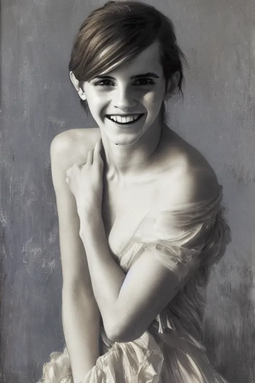 Image similar to emma watson smiling laughing alexander mcqueen gathered faille v - neck mini dress smiling detailed portrait painting by gaston bussiere craig mullins j. c. leyendecker photograph by richard avedon peter lindbergh