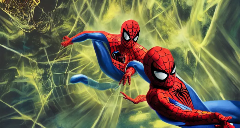 Image similar to tobey maguire's spider - man vs anthropomorphic lizard, reptile, creepy poster, alex ross art, air brush, oil paint, radiant light, caustics, heroic, bright iridescent light, cinematic shot, high quality, very epic, ultra detailed, 8 k.