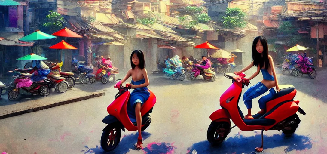 Prompt: a young asian girl, not wearing clothes, riding on the moped scooter, on the street of hanoi, digital illustration by ruan jia on artstation, colorful, rainbow, sunlight, soft lighting, insanely detailed and intricate, hypermaximalist, elegant, ornate, hyper realistic, super detailed, by akihito yoshida, by bob byerley