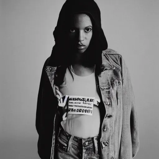 Image similar to realistic! photoshoot for a new vetements lookbook, color film photography, portrait of a beautiful woman, in style of tyler mitchell, 35mm