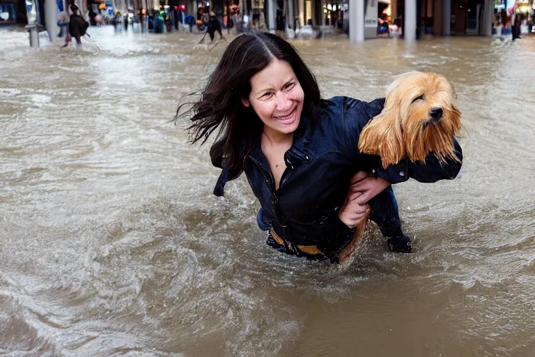 Prompt: closeup portrait of a woman carrying a dog over her head in a flood in Rundle Mall in Adelaide in South Australia, photograph, natural light, sharp, detailed face, magazine, press, photo, Steve McCurry, David Lazar, Canon, Nikon, focus