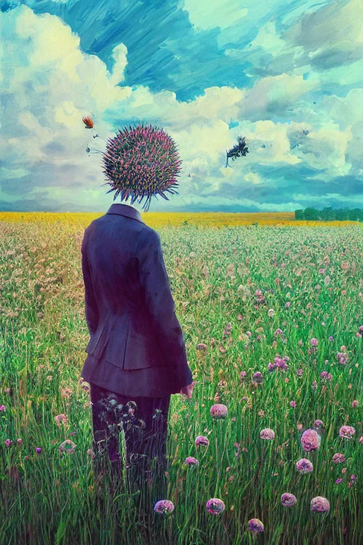 Prompt: portrait, big thistle flower under head, a girl in a suit in field of flowers, surreal photography, sunrise, blue sky, dramatic light, impressionist painting, digital painting, artstation, simon stalenhag